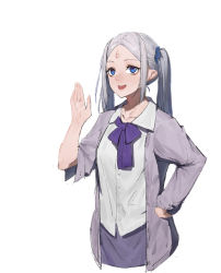 Rule 34 | 1girl, absurdres, blue eyes, bow, character request, check character, cop craft: dragnet mirage reloaded, facial mark, forehead mark, grey hair, hand on own hip, hand up, highres, liudaohai6001, looking at viewer, open mouth, pointy ears, purple bow, shirt, simple background, sketch, smile, solo, standing, tilarna exedilika, twintails, white background, white shirt