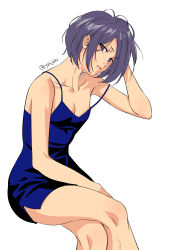Rule 34 | 1girl, alternate costume, bare arms, bare shoulders, black eyes, black hair, bleach, blue dress, breasts, cleavage, collarbone, contemporary, crossed legs, dress, eyelashes, eyes visible through hair, feet out of frame, hand up, head tilt, highres, hip vent, kuchiki rukia, looking at viewer, parted lips, short dress, short hair, simple background, sitting, sleeveless, sleeveless dress, small breasts, solo, strap slip, tsurime, twitter username, white background, yshjsw