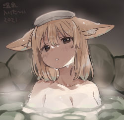 Rule 34 | 1girl, animal ear fluff, bad id, bad twitter id, black eyes, blonde hair, blush, breasts, collarbone, commentary request, ears down, fennec (kemono friends), hair between eyes, highres, kemono friends, looking at viewer, medium hair, nude, onsen, parted lips, partially submerged, rock, solo, steam, suicchonsuisui, towel, towel on head, upper body, water, water drop