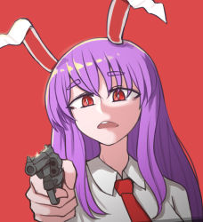 Rule 34 | 1girl, absurdres, animal ears, collared shirt, commentary, dirty harry, english commentary, gun, handgun, highres, light purple hair, long hair, mata (matasoup), meme, necktie, open mouth, parody, purple hair, rabbit ears, red background, red eyes, red necktie, reisen udongein inaba, revolver, shirt, simple background, solo, touhou, weapon, white shirt