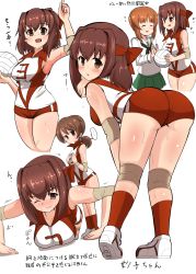 Rule 34 | ..., 3girls, :o, absurdres, arm up, ass, ball, bent over, black neckerchief, blouse, blush, breast envy, breasts, brown eyes, brown hair, closed eyes, cropped legs, elbow pads, exercising, flying sweatdrops, from behind, frown, girls und panzer, green skirt, hair tie, hands on own chest, headband, highres, holding, holding ball, kawanishi shinobu, knee pads, kondou taeko, legs, long sleeves, looking at another, looking back, medium breasts, medium hair, miniskirt, multiple girls, neckerchief, nishizumi miho, one eye closed, ooarai school uniform, open mouth, pantylines, pleated skirt, push-ups, pushing away, red headband, red legwear, red shirt, red shorts, school uniform, serafuku, shirt, shoes, short hair, short shorts, shorts, skirt, sleeveless, sleeveless shirt, smile, sneakers, socks, spoken ellipsis, sportswear, standing, sweat, trembling, volleyball, volleyball (object), volleyball uniform, white footwear, white shirt, yogurt bakudan