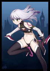 Rule 34 | 1girl, absurdres, alternate hair length, alternate hairstyle, bad id, bad twitter id, bandaged arm, bandages, bare shoulders, belt, black belt, black panties, black thighhighs, cromachina, crop top, dagger, dual wielding, elizabeth tower, facial scar, fate/apocrypha, fate/grand order, fate (series), green eyes, highleg, highleg panties, highres, holding, jack the ripper (fate/apocrypha), knife, long hair, looking at viewer, navel, panties, parted lips, pouch, scar, scar across eye, scar on cheek, scar on face, sheath, silver hair, solo, string panties, tattoo, thighhighs, underwear, weapon