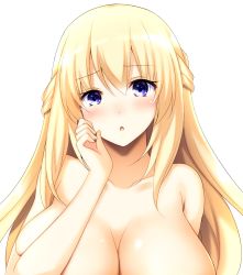 Rule 34 | 1girl, blonde hair, blue eyes, blush, braid, breasts, collarbone, commentary request, doria (p f dolia), french braid, hair between eyes, highres, large breasts, long hair, looking at viewer, neptune (series), open mouth, sidelocks, simple background, solo, upper body, vert (neptunia), white background