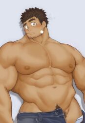 Rule 34 | 1boy, abs, bandaid, bandaid on cheek, bandaid on face, bara, brown hair, cowboy shot, denim, facial hair, goatee stubble, huge pectorals, jeans, looking at viewer, male focus, male pubic hair, male underwear, male underwear pull, muscular, muscular male, navel, nipples, open pants, original, pants, pubic hair, pubic hair peek, short hair, shy, sideburns stubble, solo, standing, stomach, strongman waist, stubble, syutei, tareme, thick eyebrows, underwear