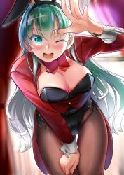 Rule 34 | 1girl, absurdres, alternate costume, animal ears, aqua eyes, aqua hair, bare shoulders, black leotard, blurry, blurry background, blush, bow, bowtie, breasts, bunny day, cleavage, day, detached collar, fake animal ears, hand up, highres, indoors, jacket, kantai collection, kotoba suzu, large breasts, leaning forward, leotard, long hair, looking at viewer, one eye closed, open mouth, pantyhose, playboy bunny, rabbit ears, red bow, red jacket, sidelocks, smile, solo, suzuya (kancolle), sweatdrop, window, wrist cuffs