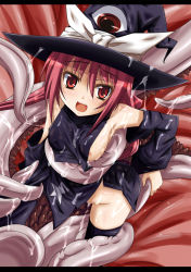 Rule 34 | 1girl, bare shoulders, detached sleeves, fumihiro, hat, looking at viewer, nipples, open mouth, pussy juice, red eyes, red hair, restrained, tentacles, witch hat