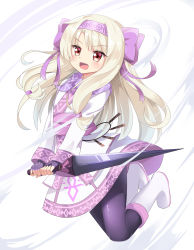 Rule 34 | 1girl, :d, absurdres, ainu clothes, black pantyhose, boots, bow, commentary request, fate/grand order, fate (series), full body, hair bow, hair ribbon, hair tubes, hairband, head tilt, highres, holding, ikazu401, illyasviel von einzbern, long hair, looking at viewer, open mouth, pantyhose, purple pantyhose, red eyes, ribbon, silver hair, simple background, sitonai (fate), smile, solo, sword, v-shaped eyebrows, very long hair, weapon, white background