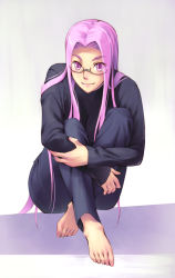Rule 34 | 00s, 1girl, barefoot, denim, fate/stay night, fate (series), feet, glasses, hugging own legs, jeans, long hair, looking at viewer, medusa (fate), medusa (rider) (fate), pants, pink eyes, pink hair, sitting, smile, solo, square pupils, tani, toes