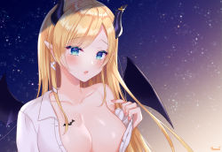 Rule 34 | 1girl, artist name, bare shoulders, blonde hair, blue eyes, breasts, cleavage, collarbone, collared shirt, commentary request, demon girl, demon horns, demon wings, gradient background, hair ribbon, hololive, horns, large breasts, long hair, looking at viewer, naomi (fantasia), no bra, off shoulder, open clothes, open shirt, parted lips, pointy ears, ribbon, shirt, sidelocks, sky, solo, star (sky), starry sky, upper body, virtual youtuber, white shirt, wings, yuzuki choco, yuzuki choco (1st costume)