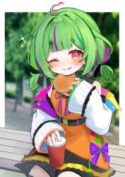 Rule 34 | 1girl, :q, @ @, ahoge, belt, black belt, black ribbon, black skirt, black thighhighs, blurry, blurry background, blush, bow, burger, commission, cup, disposable cup, dress, food, fuua (fxae3875), green hair, hair ribbon, heart, heart ahoge, hexa (vtuber), highres, holding, holding burger, holding cup, holding food, indie virtual youtuber, jacket, multicolored hair, one eye closed, open clothes, open jacket, orange dress, pink eyes, pink hair, purple bow, purple hair, ribbon, short dress, sitting, skirt, sleeveless, sleeveless dress, sleeves past wrists, solo, sparkle, streaked hair, thighhighs, tongue, tongue out, tree, twitter username, virtual youtuber, white jacket