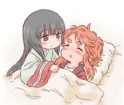 Rule 34 | 2girls, arunsu92, black hair, blanket, blush, closed eyes, female focus, japanese clothes, kimono, long hair, lying, multiple girls, on back, on bed, open mouth, original, pillow, red hair, sick, thick eyebrows