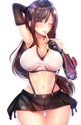 Rule 34 | 1girl, arm behind head, arm up, armpits, bare shoulders, black skirt, blush, breasts, brown hair, cleavage, commentary request, earrings, final fantasy, final fantasy vii, fingerless gloves, fingernails, gloves, highres, index finger raised, jewelry, large breasts, lips, long hair, looking at viewer, miniskirt, navel, nipples, one eye closed, panties, parted lips, red eyes, see-through, shiny skin, sidelocks, silly (marinkomoe), simple background, skirt, smile, solo, stomach, suspender skirt, suspenders, sweat, sweatdrop, tank top, thighs, tifa lockhart, underwear, white background, white panties