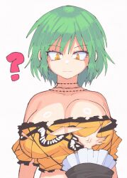 Rule 34 | 2girls, ?, anger vein, angry, breast envy, breast tattoo, breasts, cleavage, expressionless, gothic lolita, green hair, groping, highres, hikage (senran kagura), inkerton-kun, large breasts, lolita fashion, looking at viewer, mirai (senran kagura), multiple girls, senran kagura, shirt, short hair, sidelocks, simple background, slit pupils, surprised, tattoo, torn clothes, torn shirt, white background, yellow eyes