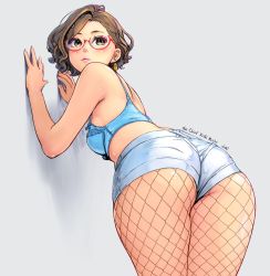 Rule 34 | 1girl, against wall, ass, ass focus, blue bra, bra, breasts, brown eyes, brown hair, carina (xiaowoo), closed mouth, commentary request, denim, denim shorts, earrings, fishnet pantyhose, fishnets, from behind, highres, jewelry, kishi mieko, leaning forward, legs together, looking back, medium breasts, no shirt, original, pantyhose, red-framed eyewear, semi-rimless eyewear, shiny skin, short hair, short shorts, shorts, solo, standing, thighs, under-rim eyewear, underwear, wavy hair, white background, white shorts