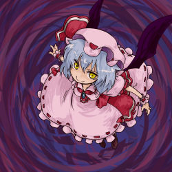 Rule 34 | 1girl, blue hair, female focus, from above, hat, looking up, purple background, remilia scarlet, seki (red shine), smile, solo, touhou, wings, wrist cuffs, yellow eyes