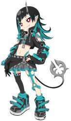 Rule 34 | 1girl, nanashi inc., akitetsu, belt, belt bra, black footwear, black gloves, black hair, black jacket, black skirt, black thighhighs, blue belt, blue hair, blue socks, bright pupils, chest belt, closed mouth, clothing cutout, cropped jacket, cross-laced clothes, cross-laced sleeves, demon girl, demon horns, demon tail, fang, fang out, flat chest, full body, garter straps, gloves, grey skirt, hand on own hip, highres, horns, jacket, layered skirt, long hair, long sleeves, looking afar, midriff, multicolored hair, navel, open clothes, open jacket, partially fingerless gloves, pointy ears, red eyes, shishio chris, shoes, shoulder cutout, simple background, single thighhigh, skirt, smile, sneakers, socks, solo, standing, sugar lyric, tail, thighhighs, two-tone hair, virtual youtuber, white background, white pupils, zipper, zipper skirt