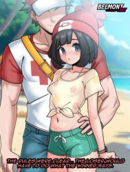 1boy 1girl absurdres artist_name beanie belmont_art black_hair closed_mouth collarbone commentary creatures_(company) day english_text eyelashes game_freak green_shorts grey_eyes hand_on_another&#039;s_hip hat highres looking_at_viewer navel nintendo outdoors pokemon pokemon_sm red_(pokemon) red_hat sand selene_(pokemon) shirt shore short_hair short_sleeves shorts tied_shirt tree water yellow_shirt