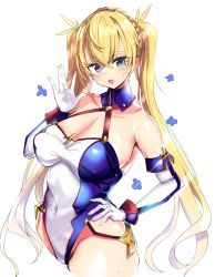 Rule 34 | 1girl, bad id, bad twitter id, bare shoulders, blonde hair, blue eyes, bradamante (fate), bradamante (first ascension) (fate), braid, breasts, cleavage, collarbone, covered navel, detached collar, elbow gloves, fate/grand order, fate (series), french braid, gloves, green eyes, hanasaka houcha, hand on own hip, highres, large breasts, leotard, long hair, open mouth, twintails, waving, white gloves