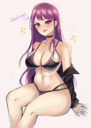 Rule 34 | 1girl, alien (incelianna), bare legs, bare shoulders, bikini, black bikini, black choker, breasts, choker, cleavage, commentary, feet out of frame, fire emblem, fire emblem engage, grey background, grin, highres, ivy (fire emblem), jacket, large breasts, long hair, long sleeves, looking at viewer, navel, nintendo, off shoulder, open clothes, open jacket, parted lips, pink lips, purple eyes, purple hair, simple background, sitting, smile, solo, stomach, swimsuit, thighs, very long hair