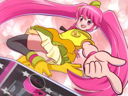 Rule 34 | 10s, 1girl, aino megumi, asymmetrical footwear, bad id, bad pixiv id, brooch, cure lovely, cure lovely (lollipop hip hop), full body, happinesscharge precure!, heart, heart background, heart brooch, jewelry, long hair, magical girl, mismatched footwear, pink background, pink eyes, pink hair, pointing, precure, sayashi (type5 labyrith), skateboard, skirt, smile, solo, twintails, yellow skirt