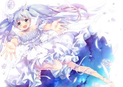 Rule 34 | 10s, 1girl, bare shoulders, barefoot, blue eyes, blue hair, dress, ech, flower, long hair, looking at viewer, open mouth, outstretched arms, ribbon, solo, tama (wixoss), twintails, white dress, wixoss