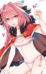 Rule 34 | 1boy, animal ears, astolfo (fate), bell, neck bell, neck bell, blush, bra, braid, cape, cat boy, cat cutout, cat ear panties, cat ears, cat lingerie, cat tail, choker, cleavage cutout, clothing cutout, collar, fang, fate/apocrypha, fate (series), fur-trimmed cape, fur trim, hair ribbon, jingle bell, lingerie, long hair, looking at viewer, male focus, meme attire, navel, open mouth, panties, paw pose, paw print, pink hair, purple eyes, ribbon, shisei (kyuushoku banchou), side-tie panties, single braid, smile, solo, stomach, tail, trap, underwear, underwear only, white bra