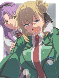 2girls agnes_claudel aramis_high_school_uniform blonde_hair blue_eyes bolo_tie border breasts bun_with_braided_base chiharu_(9654784) crying curtained_hair double-parted_bangs eiyuu_densetsu grey_background hair_between_eyes hair_bun highres jacket kai_no_kiseki kuro_no_kiseki_(series) large_breasts long_hair multiple_girls open_mouth parted_bangs partially_shaded_face purple_eyes renne_(eiyuu_densetsu) school_uniform simple_background single_side_bun streaming_tears teardrop tears white_border yellow_eyes