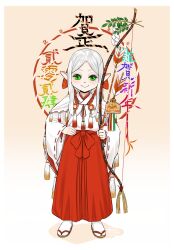 1girl 2024 arrow_(projectile) blush bow_(weapon) elf full_body green_eyes hakama hamaya happy_new_year highres japanese_clothes kimono long_hair looking_at_viewer mimit nengajou new_year original parted_bangs pointy_ears red_hakama sandals smile solo tabi weapon white_hair white_kimono zouri