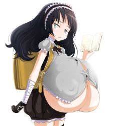 Rule 34 | 1girl, backpack, bag, black hair, breasts, bursting breasts, chestnut mouth, cleavage, covered erect nipples, dress, expressionless, frilled dress, frilled sleeves, frills, gigantic breasts, green eyes, hair ribbon, hairband, headband, hexagram, highres, kibino ido, open mouth, original, puffy nipples, reading, ribbon, shirt, short hair, simple background, skindentation, solo, straining buttons, taut clothes, taut shirt, underboob, undersized clothes