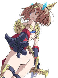 Rule 34 | ass, atlanger, backless leotard, blue leotard, bob cut, brown eyes, brown hair, commentary, cowboy shot, from behind, gattai robo atlanger, gauntlets, gloves, grey gloves, highres, holding, holding sword, holding weapon, humanization, kikuchi tsutomu, leotard, looking at viewer, looking back, open mouth, simple background, skindentation, smile, sword, thigh strap, thong leotard, tiara, weapon, white background