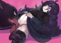 Rule 34 | 1girl, :q, @ @, alternate breast size, bags under eyes, big hair, black sweater, black thighhighs, breasts, censored, clothes lift, covered erect nipples, creature, creatures (company), cunnilingus, dress, dress lift, female pubic hair, game freak, gen 1 pokemon, hairband, haunter, hex maniac (pokemon), licking lips, lifted by self, long hair, long tongue, lying, matsuba (idiotlantern), messy hair, mosaic censoring, navel, nintendo, no bra, no panties, off-shoulder dress, off shoulder, on back, oral, pale skin, pink background, pointless censoring, pokemon, pokemon (creature), pokemon xy, pokephilia, pubic hair, purple eyes, purple hairband, ribbon, self exposure, simple background, small breasts, spread legs, sweater, thick thighs, thighhighs, thighs, tongue, tongue out