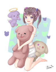 Rule 34 | 1girl, absurdres, artist name, bare shoulders, black hair, blush, commentary request, halo, highres, looking at viewer, hugging object, off shoulder, open mouth, original, panties, purple eyes, shirt, smile, stuffed animal, stuffed toy, teddy bear, teeth, twintails, underwear, upper teeth only, white panties, white shirt, white wings, wings, yumoto motoyu