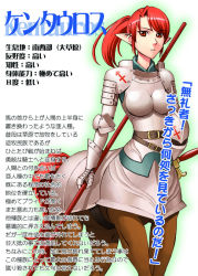 Rule 34 | 1girl, armor, breasts, centaur, character profile, commentary request, large breasts, monster girl, okayado, original, polearm, ponytail, red eyes, red hair, solo, spear, taur, translation request, weapon