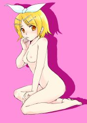 Rule 34 | blonde hair, bow, breasts, feet, highres, kagamine rin, nipples, nude, simple background, vocaloid, yellow eyes