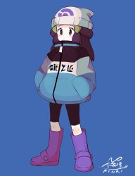 Rule 34 | 1girl, alternate costume, beanie, blue background, boots, closed mouth, coat, commentary request, creatures (company), dawn (pokemon), donguri big, eyelashes, full body, game freak, hair ornament, hairclip, hands in pockets, hat, highres, knees, leggings, long hair, nintendo, pokemon, pokemon dppt, purple footwear, signature, simple background, solo, standing, white hat, zipper pull tab