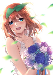 Rule 34 | 1girl, :d, blue eyes, blurry, blurry foreground, bouquet, bow, brown hair, collarbone, dress, floating hair, flower, go-toubun no hanayome, hair between eyes, highres, holding, holding bouquet, kagari liroi, long hair, looking at viewer, nakano yotsuba, open mouth, purple flower, sleeveless, sleeveless dress, smile, solo, sundress, white background, white bow, white dress, white flower