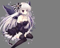 Rule 34 | 1girl, breasts, cleavage, dress, elbow gloves, female focus, gloves, grey hair, highres, indico lite, long hair, mitha, original, solo, thighhighs, transparent, wings