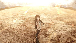 Rule 34 | 1girl, absurdres, backpack, bag, black eyes, black hair, black pants, blush, closed mouth, cloud, cloudy sky, commentary request, from side, globe, hair between eyes, hand up, highres, landscape, lens flare, long hair, looking at viewer, morning, mountainous horizon, oka kojiro, original, pants, scenery, shirt, shoes, short sleeves, sidelocks, sky, smile, sneakers, solo, standing on object, sun, sunrise, t-shirt, walking, white footwear, white shirt, wide shot