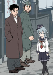 Rule 34 | 1girl, 2boys, absurdres, anchor symbol, bag, blue hair, blue skirt, buttons, double-breasted, expressionless, haida katsuretsu, hands in pockets, hat, height difference, hibiki (kancolle), highres, imperial japanese army, kantai collection, long sleeves, messenger bag, multiple boys, sailor hat, school uniform, shirt, shoulder bag, sketch, skirt, white shirt