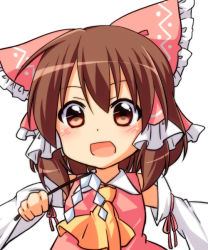 Rule 34 | 1girl, :d, ascot, blush, bow, brown eyes, brown hair, detached sleeves, gohei, hair bow, hair tubes, hakurei reimu, looking at viewer, nitizyo, open mouth, smile, solo, touhou, upper body, vest
