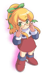 Rule 34 | 1girl, adjusting eyewear, bespectacled, blonde hair, boots, closed mouth, commentary request, dress, from above, full body, glasses, green eyes, green ribbon, hair ribbon, highres, ki (adotadot), knee boots, long hair, long sleeves, looking at viewer, mega man (classic), mega man (series), ponytail, red dress, red footwear, ribbon, rimless eyewear, roll (mega man), sidelocks, smile, solo, standing, two-tone background
