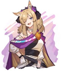Rule 34 | 1girl, animal ears, arknights, blonde hair, blue eyes, detached collar, detached sleeves, dress, fang, gloves, highres, horse ears, horse girl, long hair, mabing, off shoulder, official alternate costume, one eye closed, open mouth, skin fang, solo, whislash (arknights), whislash (glory purple) (arknights), white gloves