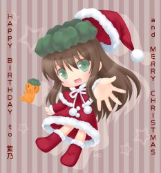 Rule 34 | aoilio, bad id, bad pixiv id, boots, brown hair, chibi, christmas, foreshortening, green eyes, hat, highres, long hair, original, outstretched hand, santa boots, santa costume, santa hat, solo
