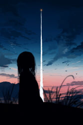 Rule 34 | 1girl, absurdres, blurry, blurry foreground, cloud, gracile, gradient sky, grass, highres, long hair, original, outdoors, rocket, scenery, silhouette, sky, solo, twilight
