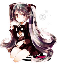 Rule 34 | bad id, bad pixiv id, formal, hatsune miku, kneeling, long hair, multicolored hair, saihate (vocaloid), skirt, solo, tomboya, twintails, very long hair, vocaloid