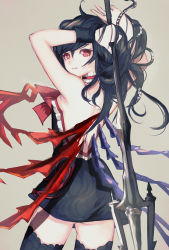 Rule 34 | 1girl, asymmetrical wings, backless outfit, black dress, black hair, black thighhighs, breasts, collar, dress, from behind, holding, holding weapon, houjuu nue, looking at viewer, looking back, polearm, red eyes, short dress, sideboob, simple background, solo, thighhighs, touhou, trident, uni (bom19850101), weapon, wings, wrist cuffs