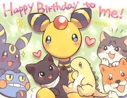 Rule 34 | ampharos, blue eyes, blush, cat, commentary request, creatures (company), croagunk, dog, game freak, gen 2 pokemon, gen 4 pokemon, hand up, happy birthday, heart, holding, looking at viewer, nintendo, no humans, notice lines, pokemon, pokemon (creature), signature, sparkle, tansho, teeth, umbreon
