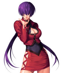Rule 34 | 1girl, breasts, buttons, cleavage, cleavage cutout, clothing cutout, commentary request, covered navel, cropped jacket, dark persona, earrings, evilgun, fingernails, hair over eyes, highres, jacket, jewelry, large breasts, long hair, long sleeves, low twintails, miniskirt, orochi shermie, parted lips, purple hair, shermie (kof), shiny skin, simple background, skirt, smile, snk, solo, the king of fighters, twintails, white background