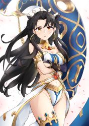 Rule 34 | 1girl, armlet, asymmetrical legwear, asymmetrical sleeves, bare shoulders, bikini, black bow, black hair, blush, bow, breasts, bridal gauntlets, cleavage, collarbone, crossed arms, detached sleeves, earrings, fate/grand order, fate (series), hair bow, heavenly boat maanna, highres, hoop earrings, ishtar (fate), jewelry, long hair, looking at viewer, medium breasts, navel, neck ring, open mouth, parted bangs, pelvic curtain, red eyes, simple background, single detached sleeve, single thighhigh, solo, swimsuit, thighhighs, tiara, tsurupy, two side up, uneven legwear, uneven sleeves, weapon, white background, white bikini