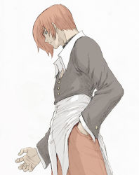 Rule 34 | coelacanth (gyotaku), grey background, hand in pocket, jacket, male focus, pants, red hair, red pants, simple background, solo, the king of fighters, yagami iori